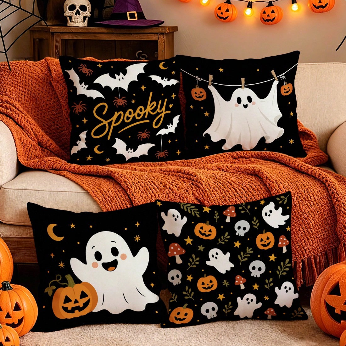 4pcs Halloween Ghost Pattern Single-Sided Printed Pillow Covers/Cushion Covers, Multi-Scene Atmosphere Decorative Pillow Covers Suitable For Living Room, Sofa, Bedroom, Pillow Inserts Not Included
