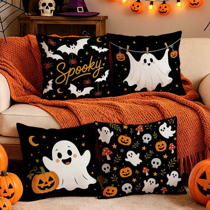 4pcs Halloween Ghost Pattern Single-Sided Printed Pillow Covers/Cushion Covers, Multi-Scene Atmosphere Decorative Pillow Covers Suitable For Living Room, Sofa, Bedroom, Pillow Inserts Not Included