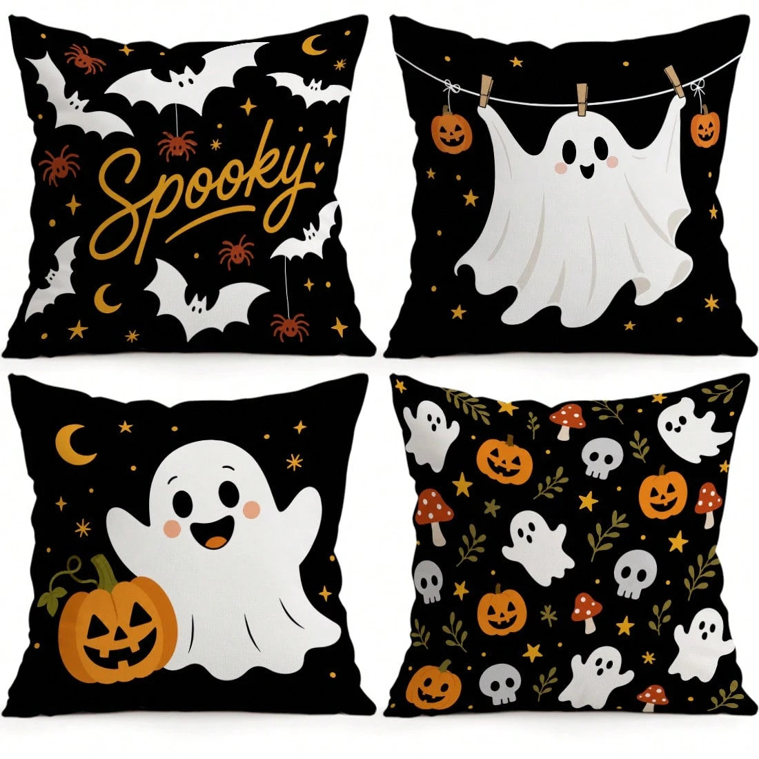 4pcs Halloween Ghost Pattern Single-Sided Printed Pillow Covers/Cushion Covers, Multi-Scene Atmosphere Decorative Pillow Covers Suitable For Living Room, Sofa, Bedroom, Pillow Inserts Not Included