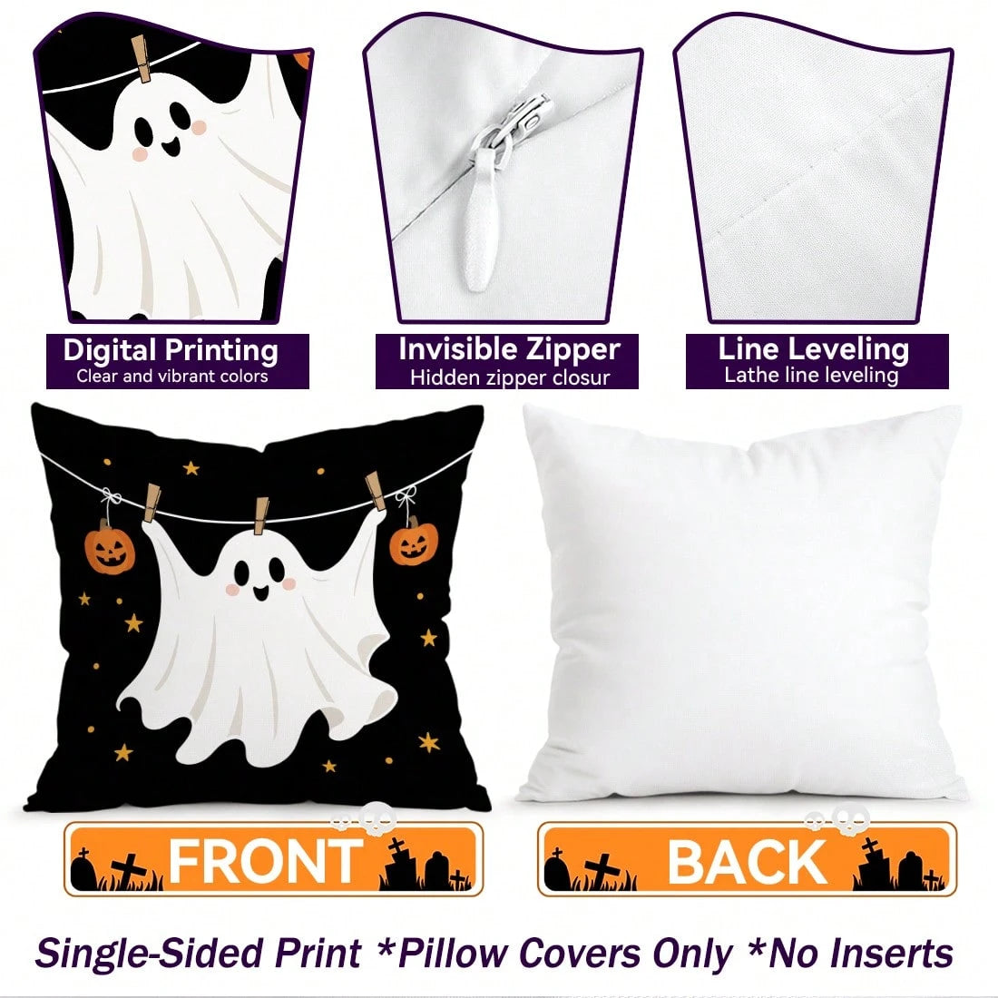 4pcs Halloween Ghost Pattern Single-Sided Printed Pillow Covers/Cushion Covers, Multi-Scene Atmosphere Decorative Pillow Covers Suitable For Living Room, Sofa, Bedroom, Pillow Inserts Not Included