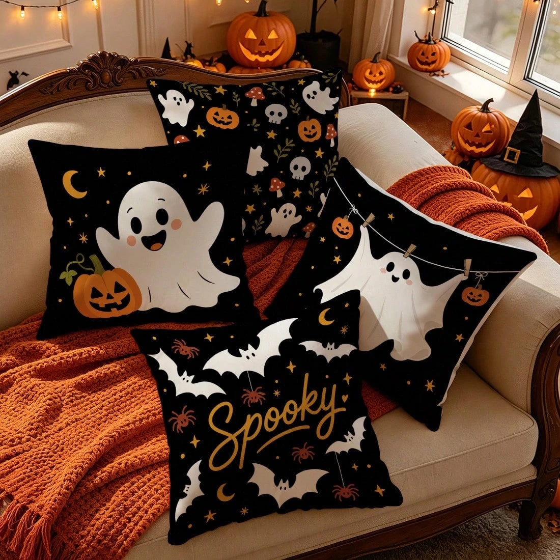 4pcs Halloween Ghost Pattern Single-Sided Printed Pillow Covers/Cushion Covers, Multi-Scene Atmosphere Decorative Pillow Covers Suitable For Living Room, Sofa, Bedroom, Pillow Inserts Not Included