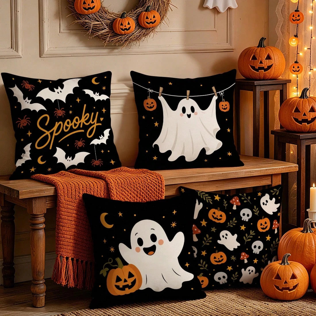 4pcs Halloween Ghost Pattern Single-Sided Printed Pillow Covers/Cushion Covers, Multi-Scene Atmosphere Decorative Pillow Covers Suitable For Living Room, Sofa, Bedroom, Pillow Inserts Not Included