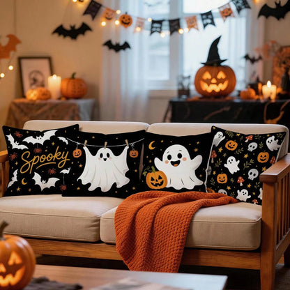 4pcs Halloween Ghost Pattern Single-Sided Printed Pillow Covers/Cushion Covers, Multi-Scene Atmosphere Decorative Pillow Covers Suitable For Living Room, Sofa, Bedroom, Pillow Inserts Not Included