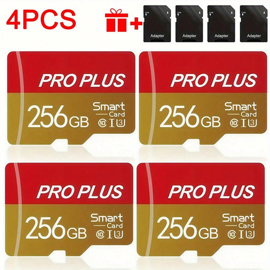 4pcs High-Speed U3 C10 A1 Memory Cards With Adapter- 128GB, 256GB, 512MB, 256MB, 128MB, 64MB For Tablets, Cameras, Phones, Car Audio- Secure File Storage, No Battery Needed, Camera Storage Solution