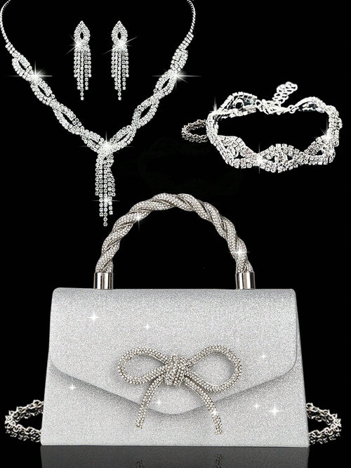 4pcs Luxury Sparkling Women's Jewelry Set, Formal Party Handbag With Rhinestone Bow Decor, Bridal Wedding Gift Set, Suitable For Party, Wedding, Prom, Gala