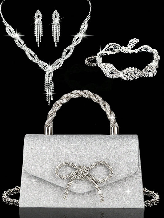 4pcs Luxury Sparkling Women's Jewelry Set, Formal Party Handbag With Rhinestone Bow Decor, Bridal Wedding Gift Set, Suitable For Party, Wedding, Prom, Gala