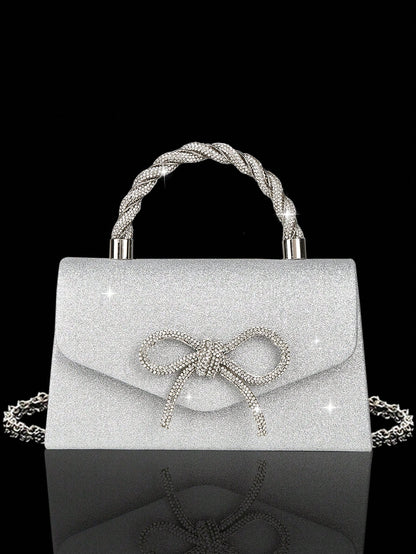 4pcs Luxury Sparkling Women's Jewelry Set, Formal Party Handbag With Rhinestone Bow Decor, Bridal Wedding Gift Set, Suitable For Party, Wedding, Prom, Gala