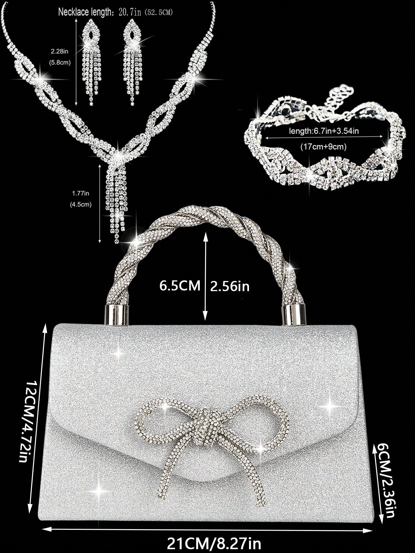 4pcs Luxury Sparkling Women's Jewelry Set, Formal Party Handbag With Rhinestone Bow Decor, Bridal Wedding Gift Set, Suitable For Party, Wedding, Prom, Gala