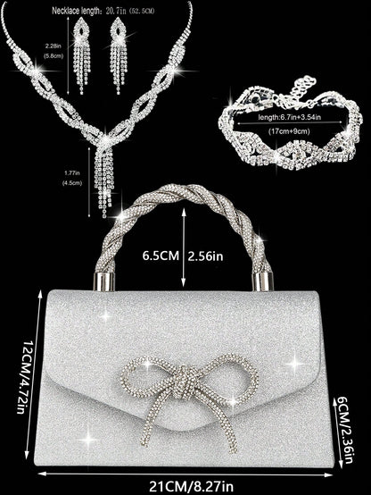 4pcs Luxury Sparkling Women's Jewelry Set, Formal Party Handbag With Rhinestone Bow Decor, Bridal Wedding Gift Set, Suitable For Party, Wedding, Prom, Gala
