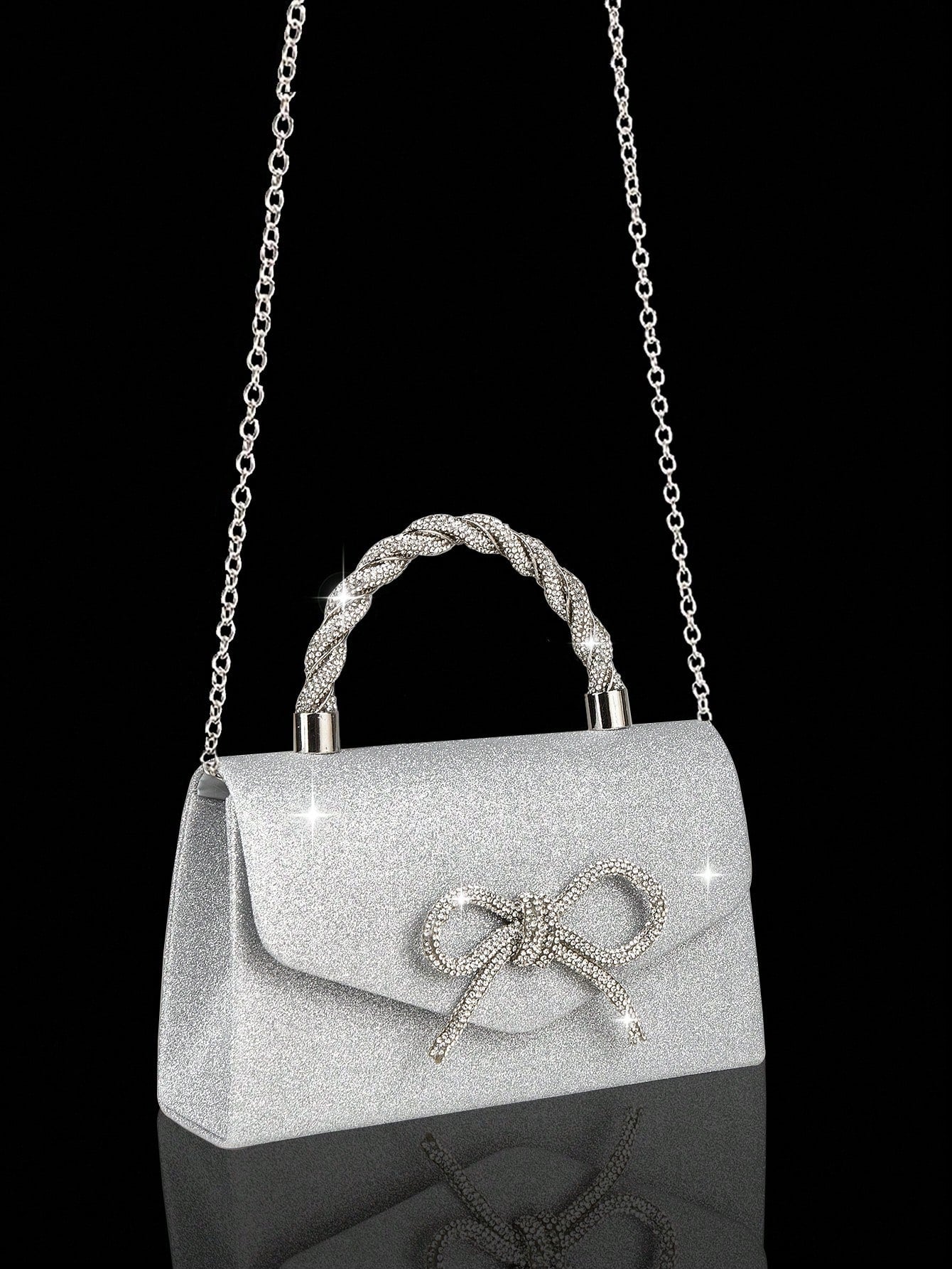4pcs Luxury Sparkling Women's Jewelry Set, Formal Party Handbag With Rhinestone Bow Decor, Bridal Wedding Gift Set, Suitable For Party, Wedding, Prom, Gala