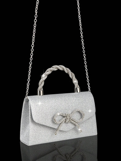 4pcs Luxury Sparkling Women's Jewelry Set, Formal Party Handbag With Rhinestone Bow Decor, Bridal Wedding Gift Set, Suitable For Party, Wedding, Prom, Gala