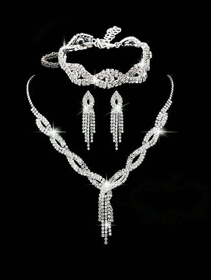 4pcs Luxury Sparkling Women's Jewelry Set, Formal Party Handbag With Rhinestone Bow Decor, Bridal Wedding Gift Set, Suitable For Party, Wedding, Prom, Gala