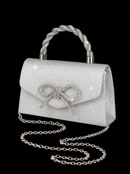 4pcs Luxury Sparkling Women's Jewelry Set, Formal Party Handbag With Rhinestone Bow Decor, Bridal Wedding Gift Set, Suitable For Party, Wedding, Prom, Gala
