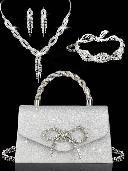 4pcs Luxury Sparkling Women's Jewelry Set, Formal Party Handbag With Rhinestone Bow Decor, Bridal Wedding Gift Set, Suitable For Party, Wedding, Prom, Gala