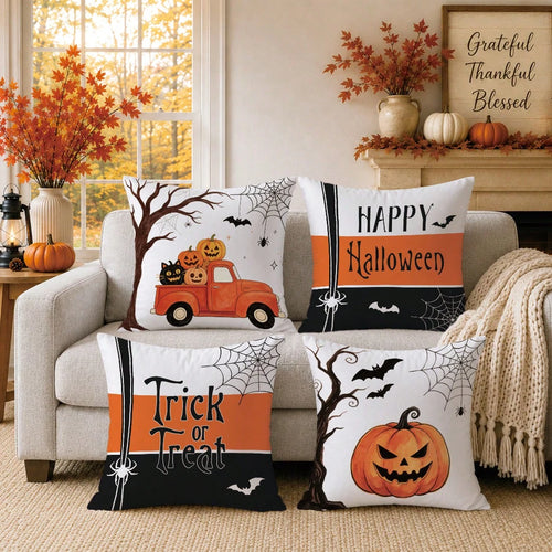4pcs Minimalist Halloween Truck Pumpkin Spider Web Cushion Covers, Single-Sided Print Skin-Friendly Peach Skin Velvet Material, 45*45CM Pillow Covers Suitable For Home Bedroom Living Room Room Party H