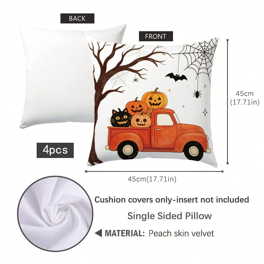 4pcs Minimalist Halloween Truck Pumpkin Spider Web Cushion Covers, Single-Sided Print Skin-Friendly Peach Skin Velvet Material, 45*45CM Pillow Covers Suitable For Home Bedroom Living Room Room Party H