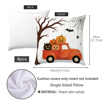 4pcs Minimalist Halloween Truck Pumpkin Spider Web Cushion Covers, Single-Sided Print Skin-Friendly Peach Skin Velvet Material, 45*45CM Pillow Covers Suitable For Home Bedroom Living Room Room Party H
