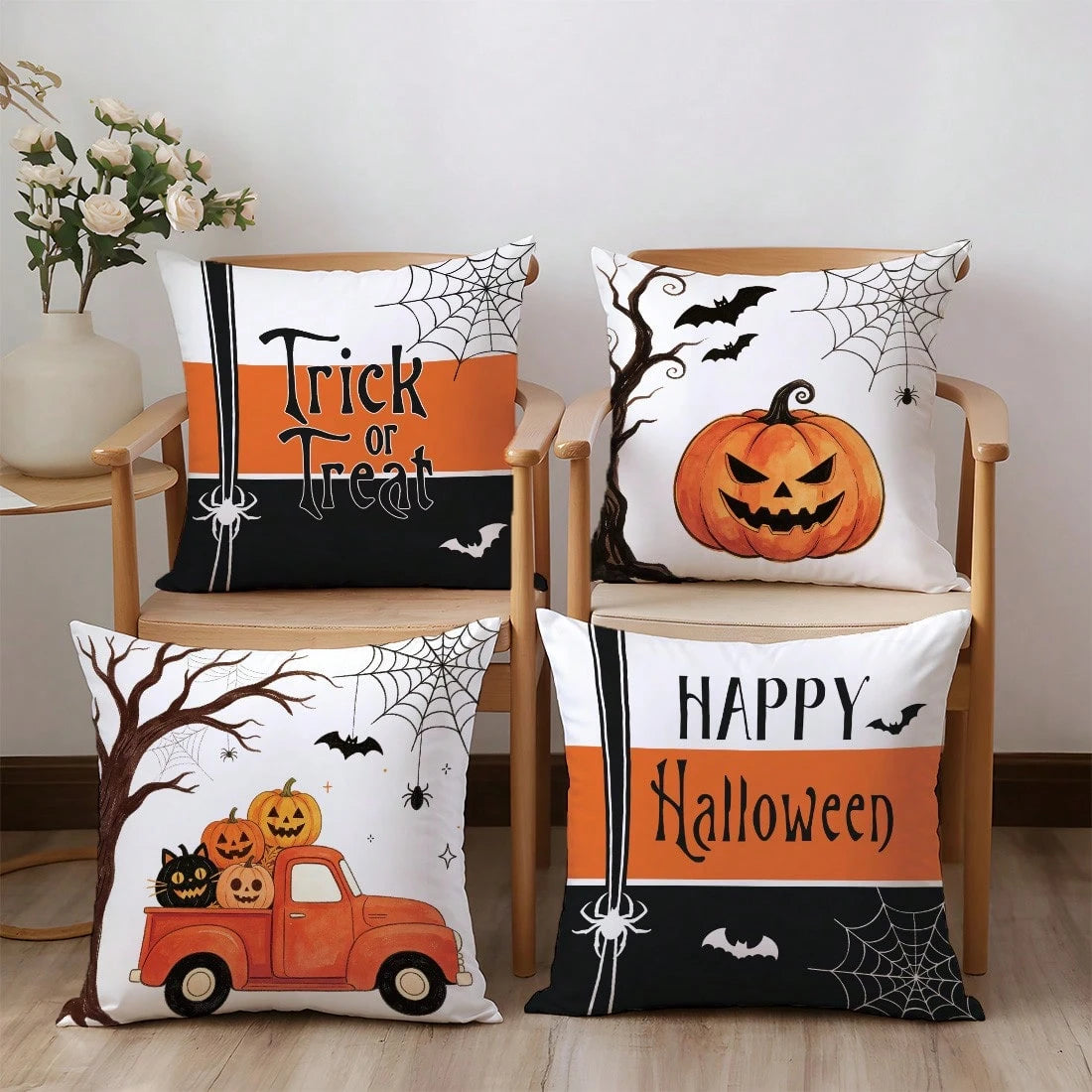 4pcs Minimalist Halloween Truck Pumpkin Spider Web Cushion Covers, Single-Sided Print Skin-Friendly Peach Skin Velvet Material, 45*45CM Pillow Covers Suitable For Home Bedroom Living Room Room Party H