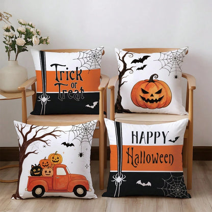 4pcs Minimalist Halloween Truck Pumpkin Spider Web Cushion Covers, Single-Sided Print Skin-Friendly Peach Skin Velvet Material, 45*45CM Pillow Covers Suitable For Home Bedroom Living Room Room Party H