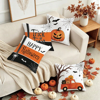 4pcs Minimalist Halloween Truck Pumpkin Spider Web Cushion Covers, Single-Sided Print Skin-Friendly Peach Skin Velvet Material, 45*45CM Pillow Covers Suitable For Home Bedroom Living Room Room Party H