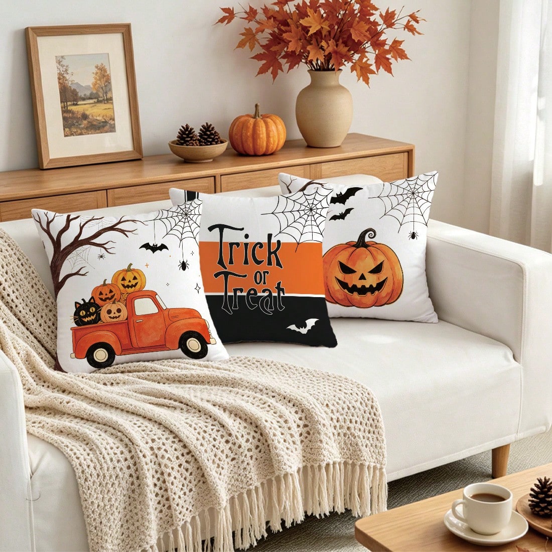 4pcs Minimalist Halloween Truck Pumpkin Spider Web Cushion Covers, Single-Sided Print Skin-Friendly Peach Skin Velvet Material, 45*45CM Pillow Covers Suitable For Home Bedroom Living Room Room Party H