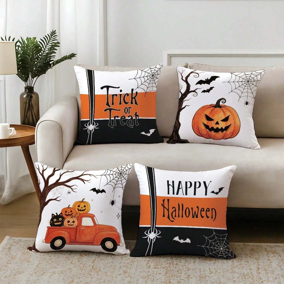 4pcs Minimalist Halloween Truck Pumpkin Spider Web Cushion Covers, Single-Sided Print Skin-Friendly Peach Skin Velvet Material, 45*45CM Pillow Covers Suitable For Home Bedroom Living Room Room Party H