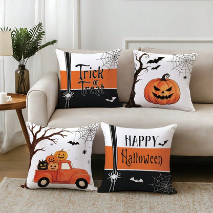 4pcs Minimalist Halloween Truck Pumpkin Spider Web Cushion Covers, Single-Sided Print Skin-Friendly Peach Skin Velvet Material, 45*45CM Pillow Covers Suitable For Home Bedroom Living Room Room Party H