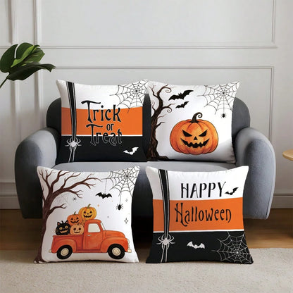 4pcs Minimalist Halloween Truck Pumpkin Spider Web Cushion Covers, Single-Sided Print Skin-Friendly Peach Skin Velvet Material, 45*45CM Pillow Covers Suitable For Home Bedroom Living Room Room Party H
