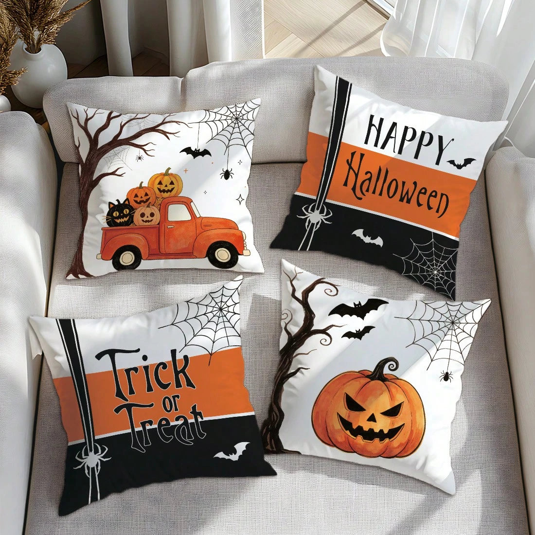4pcs Minimalist Halloween Truck Pumpkin Spider Web Cushion Covers, Single-Sided Print Skin-Friendly Peach Skin Velvet Material, 45*45CM Pillow Covers Suitable For Home Bedroom Living Room Room Party H