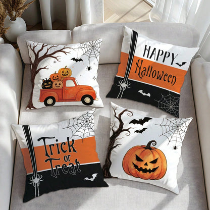 4pcs Minimalist Halloween Truck Pumpkin Spider Web Cushion Covers, Single-Sided Print Skin-Friendly Peach Skin Velvet Material, 45*45CM Pillow Covers Suitable For Home Bedroom Living Room Room Party H