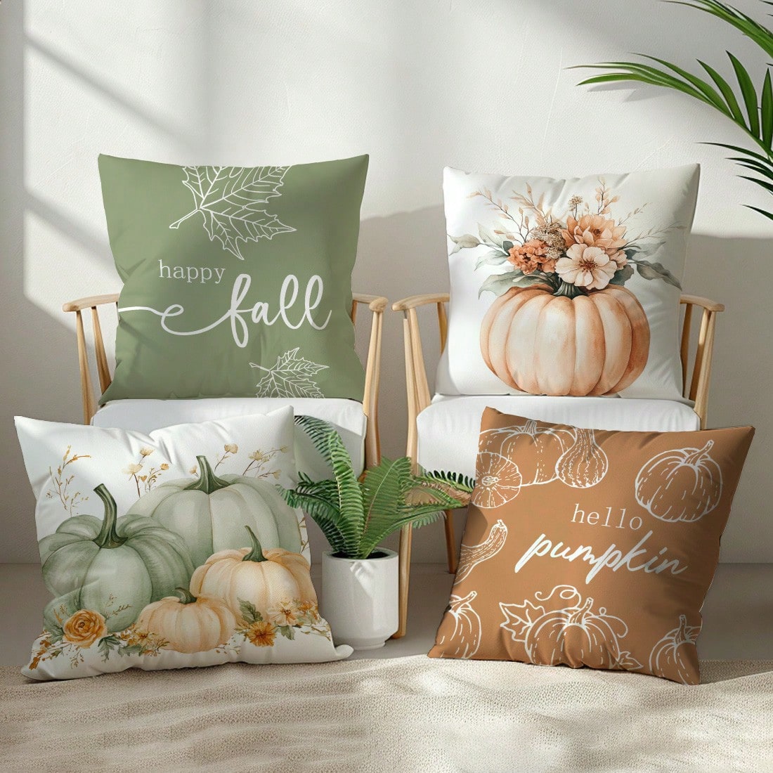 4pcs Minimalist Watercolor Pink & Green Autumn Pumpkin Floral Pillow Cover Set, Single-Sided Printed Peach Velvet Material, 45*45/50*50/40*40CM Cushion Cover For Modern Fabric Sofa Indoor Decor, Party