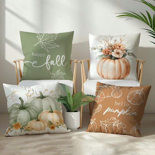 4pcs Minimalist Watercolor Pink & Green Autumn Pumpkin Floral Pillow Cover Set, Single-Sided Printed Peach Velvet Material, 45*45/50*50/40*40CM Cushion Cover For Modern Fabric Sofa Indoor Decor, Party