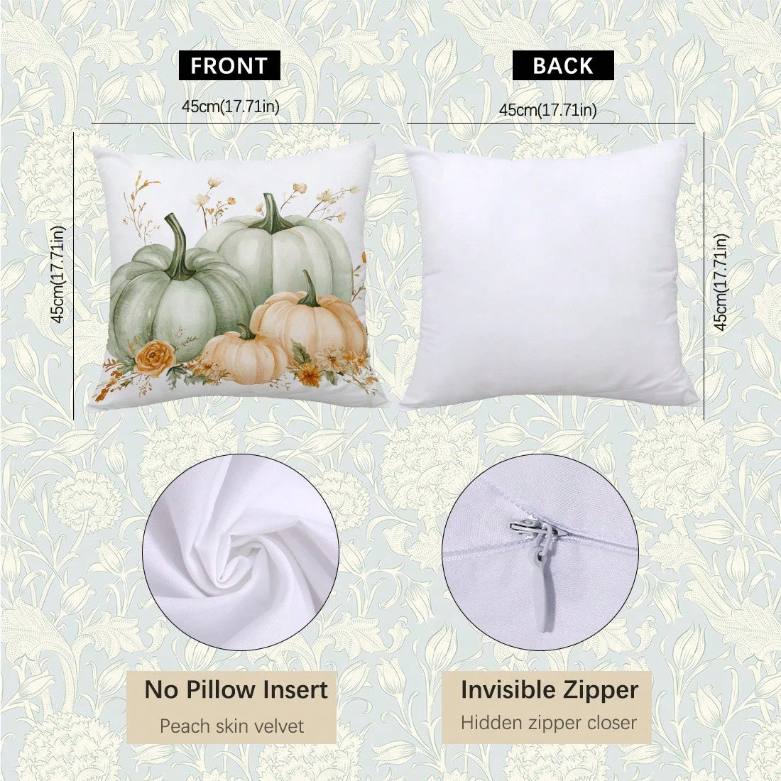 4pcs Minimalist Watercolor Pink & Green Autumn Pumpkin Floral Pillow Cover Set, Single-Sided Printed Peach Velvet Material, 45*45/50*50/40*40CM Cushion Cover For Modern Fabric Sofa Indoor Decor, Party