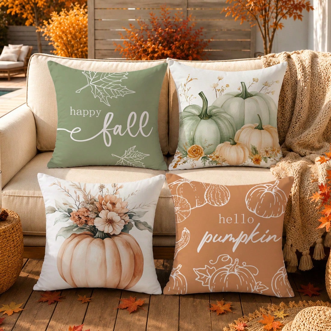 4pcs Minimalist Watercolor Pink & Green Autumn Pumpkin Floral Pillow Cover Set, Single-Sided Printed Peach Velvet Material, 45*45/50*50/40*40CM Cushion Cover For Modern Fabric Sofa Indoor Decor, Party
