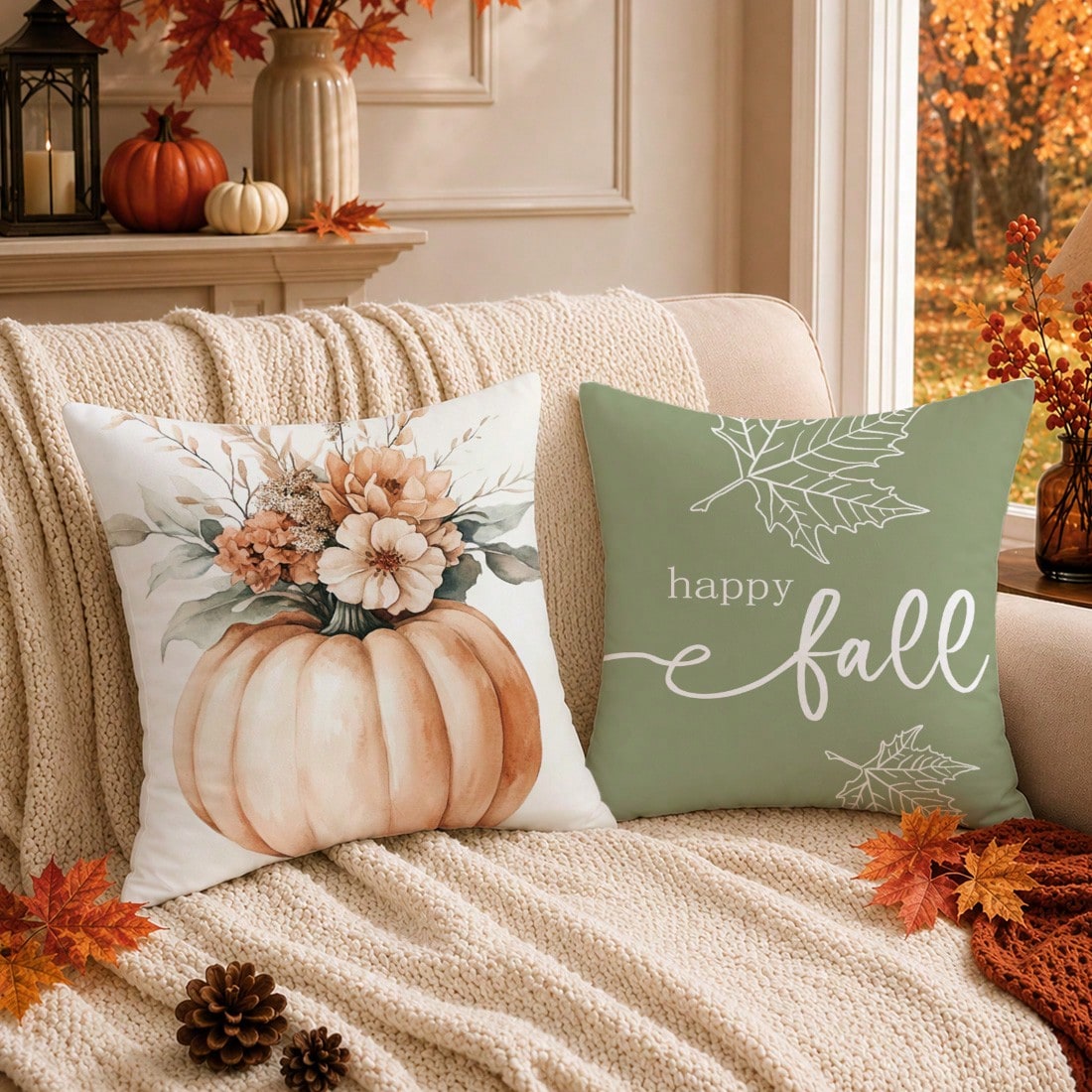 4pcs Minimalist Watercolor Pink & Green Autumn Pumpkin Floral Pillow Cover Set, Single-Sided Printed Peach Velvet Material, 45*45/50*50/40*40CM Cushion Cover For Modern Fabric Sofa Indoor Decor, Party