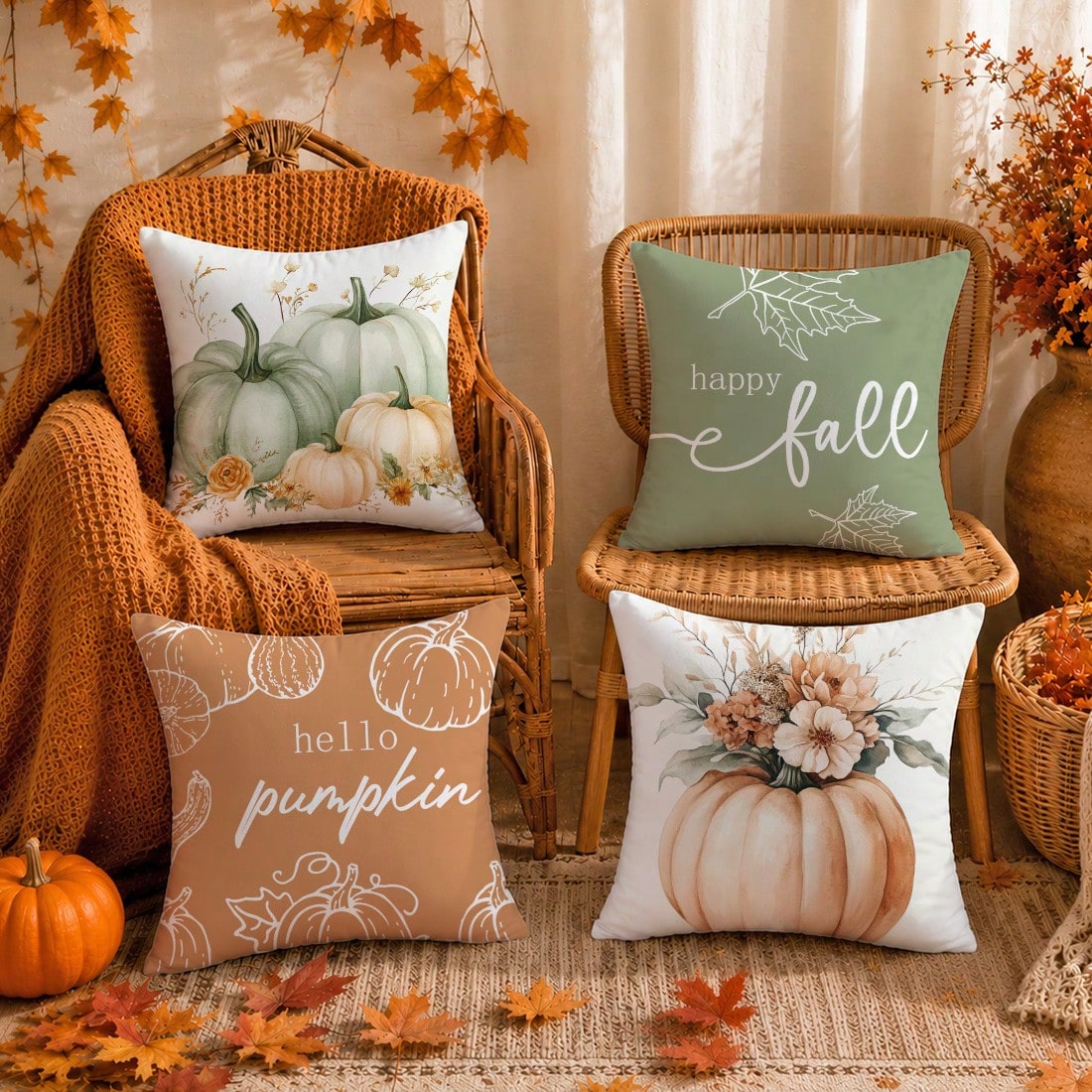 4pcs Minimalist Watercolor Pink & Green Autumn Pumpkin Floral Pillow Cover Set, Single-Sided Printed Peach Velvet Material, 45*45/50*50/40*40CM Cushion Cover For Modern Fabric Sofa Indoor Decor, Party