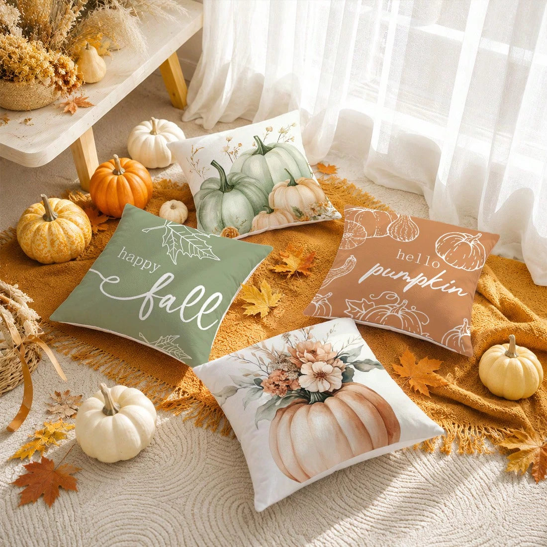 4pcs Minimalist Watercolor Pink & Green Autumn Pumpkin Floral Pillow Cover Set, Single-Sided Printed Peach Velvet Material, 45*45/50*50/40*40CM Cushion Cover For Modern Fabric Sofa Indoor Decor, Party
