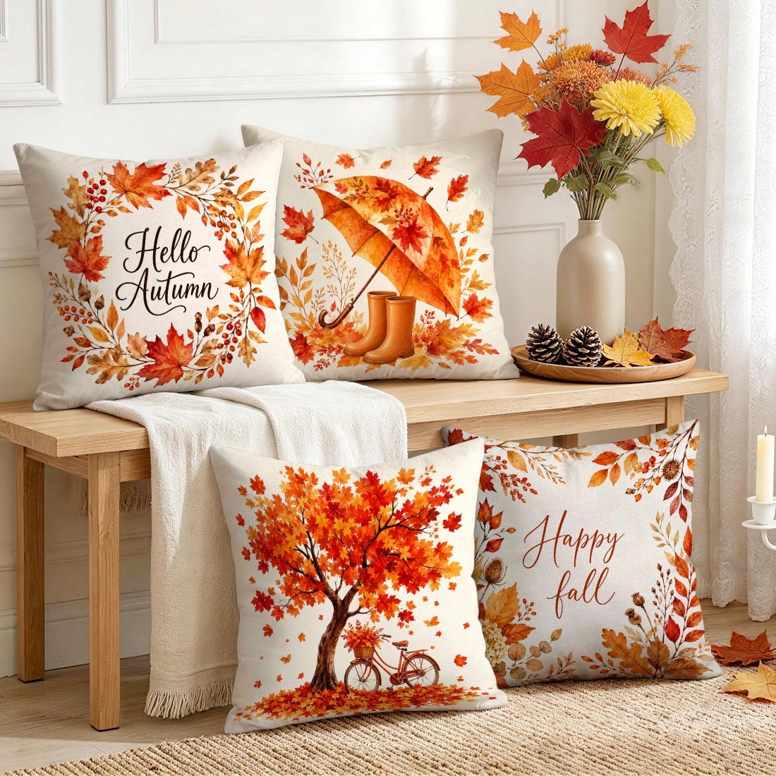 4pcs Modern Autumn Maple Leaf Pattern Single-Sided Printed Pillow Covers/Cushion Covers, Multi-Scene Atmosphere Decoration Pillow Covers Suitable For Living Room, Sofa, Bedroom, Without Pillow Insert