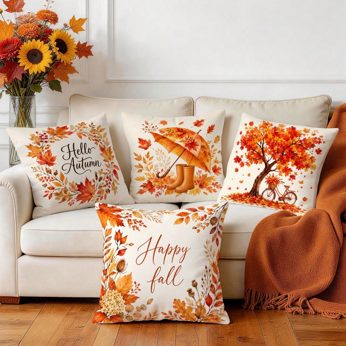 4pcs Modern Autumn Maple Leaf Pattern Single-Sided Printed Pillow Covers/Cushion Covers, Multi-Scene Atmosphere Decoration Pillow Covers Suitable For Living Room, Sofa, Bedroom, Without Pillow Insert