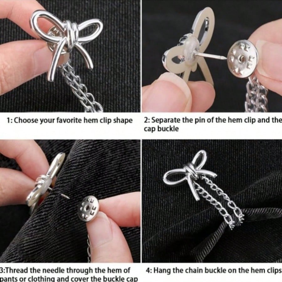 4pcs Multi-Functional Clothing Clips, Can Be Used For Hemming Pants Legs, Metal Star, Heart, Bow Shaped, Suitable For Shirts, Clothes, Pants, Can Be Used For Clipping, Buttons, Cute Decorative Pants L