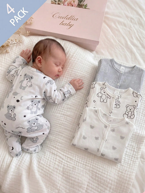 4pcs Newborn Baby Bear Pattern White Khaki Romper Set,Long Sleeve Footed Jumpsuit Pajamas,Autumn Cute Graphic Winter Home Wear,Family Matching Clothes