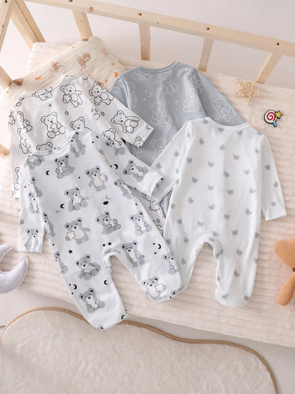 4pcs Newborn Baby Bear Pattern White Khaki Romper Set,Long Sleeve Footed Jumpsuit Pajamas,Autumn Cute Graphic Winter Home Wear,Family Matching Clothes