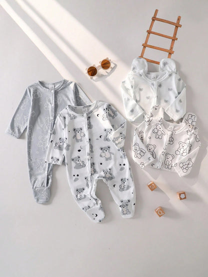 4pcs Newborn Baby Bear Pattern White Khaki Romper Set,Long Sleeve Footed Jumpsuit Pajamas,Autumn Cute Graphic Winter Home Wear,Family Matching Clothes