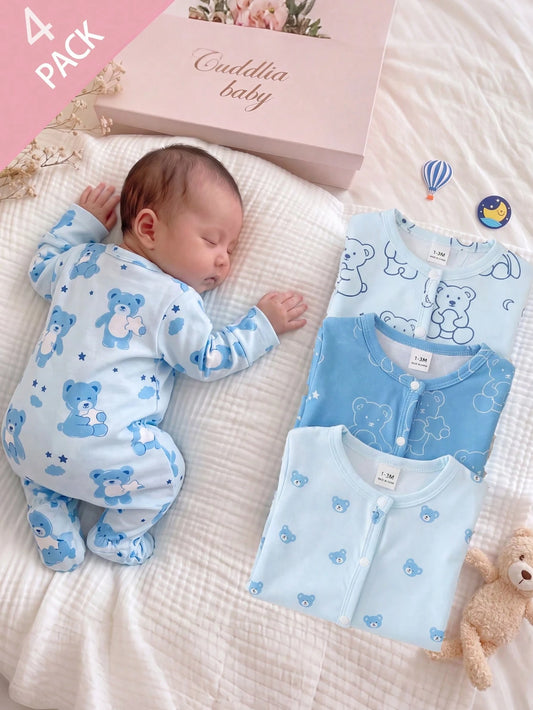 4pcs Newborn Bear Pattern Footed Jumpsuit Pajamas Set,Soft Winter Long Sleeve Baby Boy Clothes,Aqua Blue,Autumn,Cute,Lounge Pajamas For New Born