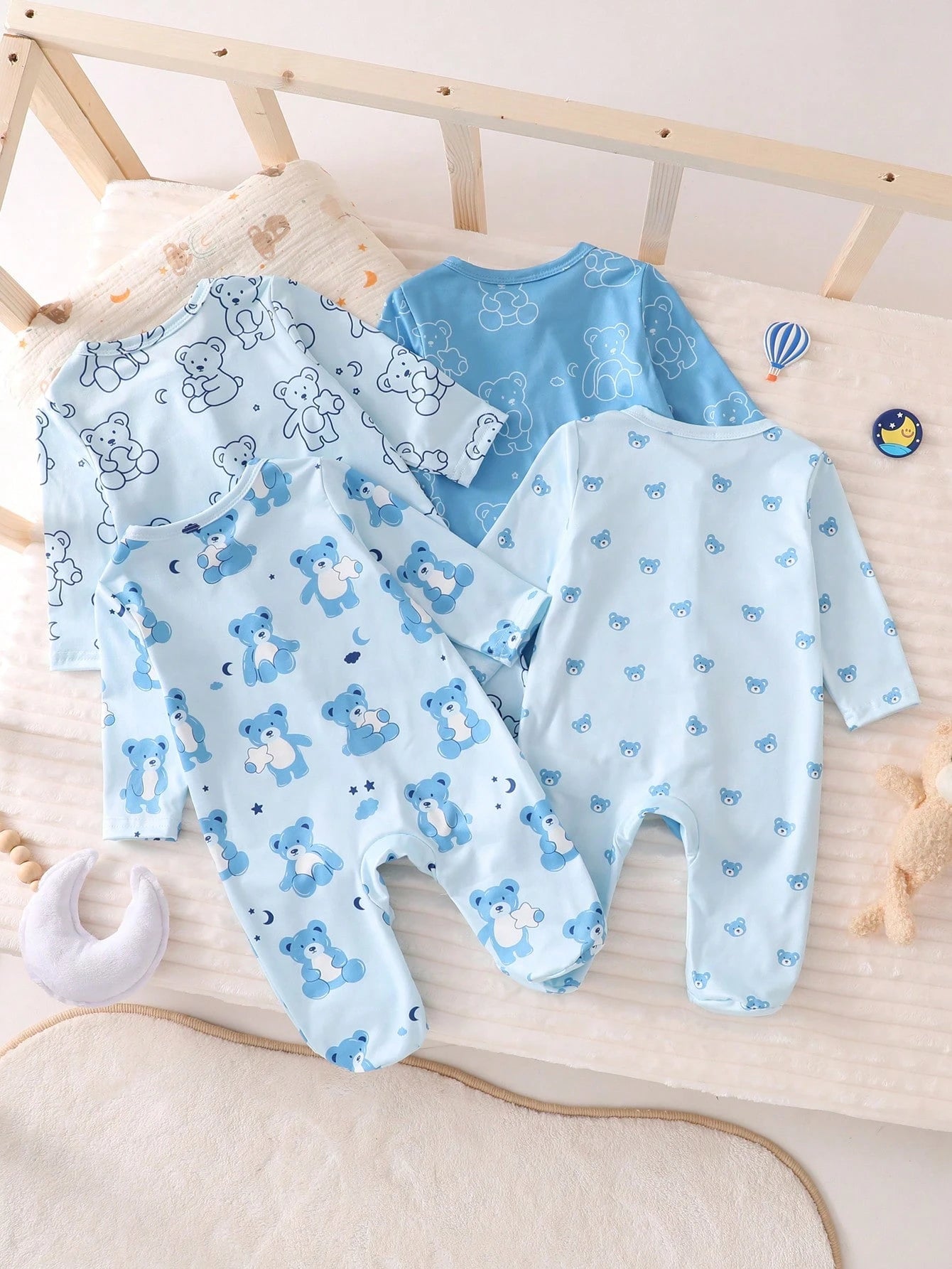4pcs Newborn Bear Pattern Footed Jumpsuit Pajamas Set,Soft Winter Long Sleeve Baby Boy Clothes,Aqua Blue,Autumn,Cute,Lounge Pajamas For New Born