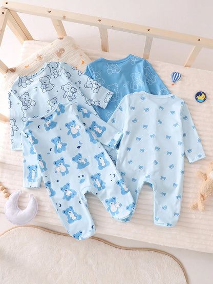 4pcs Newborn Bear Pattern Footed Jumpsuit Pajamas Set,Soft Winter Long Sleeve Baby Boy Clothes,Aqua Blue,Autumn,Cute,Lounge Pajamas For New Born
