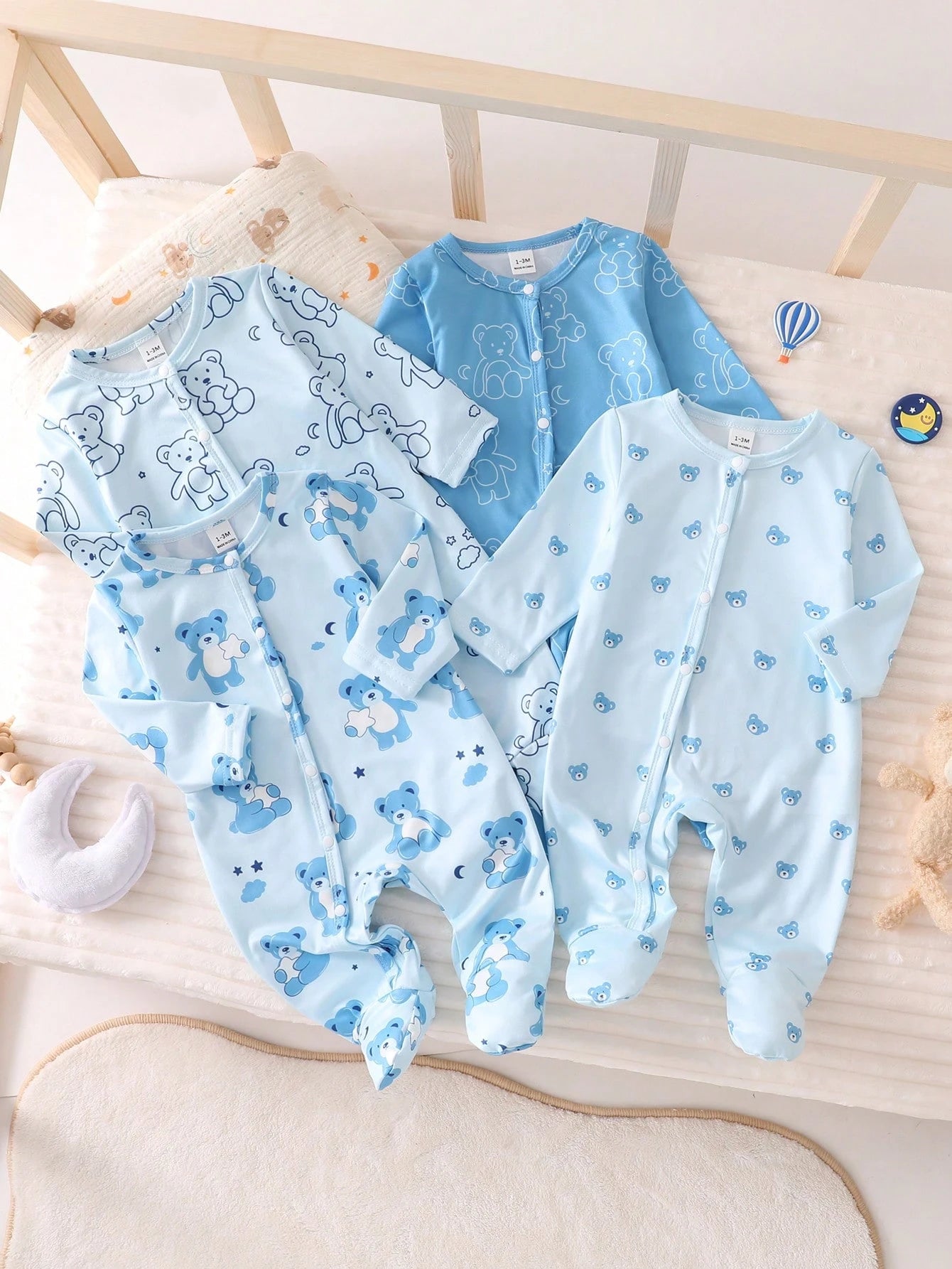 4pcs Newborn Bear Pattern Footed Jumpsuit Pajamas Set,Soft Winter Long Sleeve Baby Boy Clothes,Aqua Blue,Autumn,Cute,Lounge Pajamas For New Born