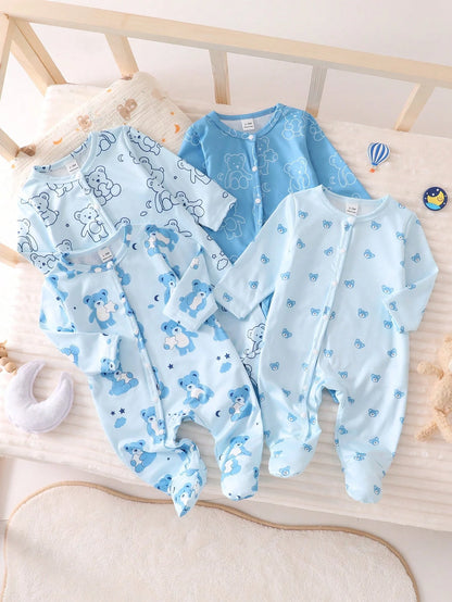 4pcs Newborn Bear Pattern Footed Jumpsuit Pajamas Set,Soft Winter Long Sleeve Baby Boy Clothes,Aqua Blue,Autumn,Cute,Lounge Pajamas For New Born