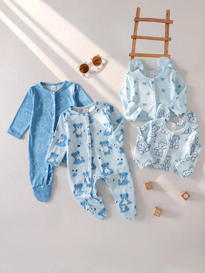 4pcs Newborn Bear Pattern Footed Jumpsuit Pajamas Set,Soft Winter Long Sleeve Baby Boy Clothes,Aqua Blue,Autumn,Cute,Lounge Pajamas For New Born
