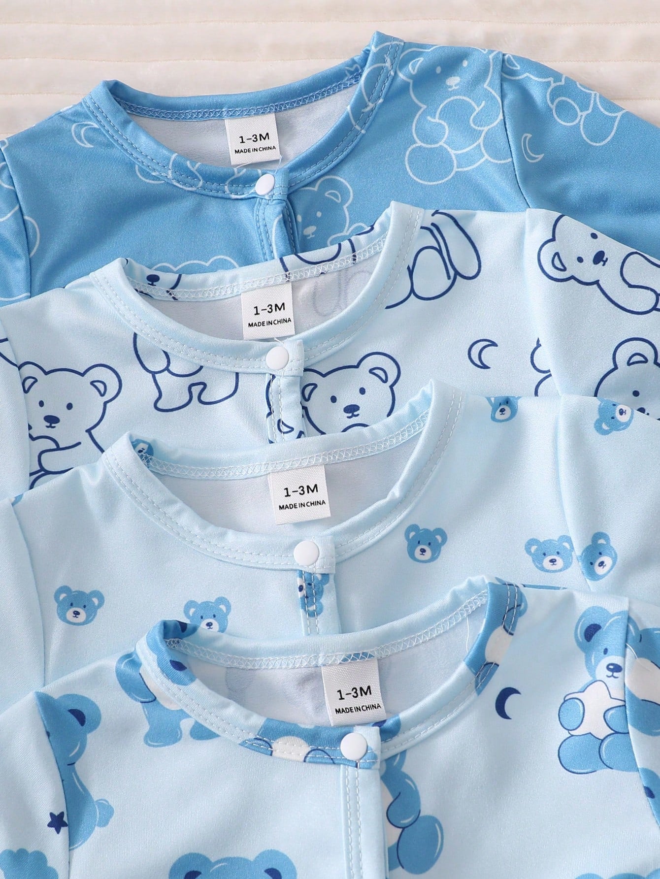 4pcs Newborn Bear Pattern Footed Jumpsuit Pajamas Set,Soft Winter Long Sleeve Baby Boy Clothes,Aqua Blue,Autumn,Cute,Lounge Pajamas For New Born